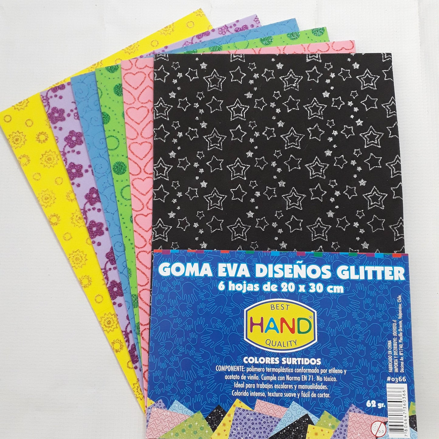 CONJUNTO DE GOMA EVA GLITTER 6 HOJAS TAMAÑO 20x30 CM