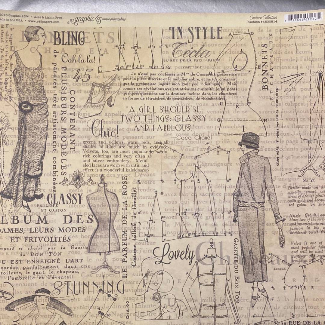 Lámina Graphic 45 Doble 30x30cm Scrapbooking USA - Couture Collection