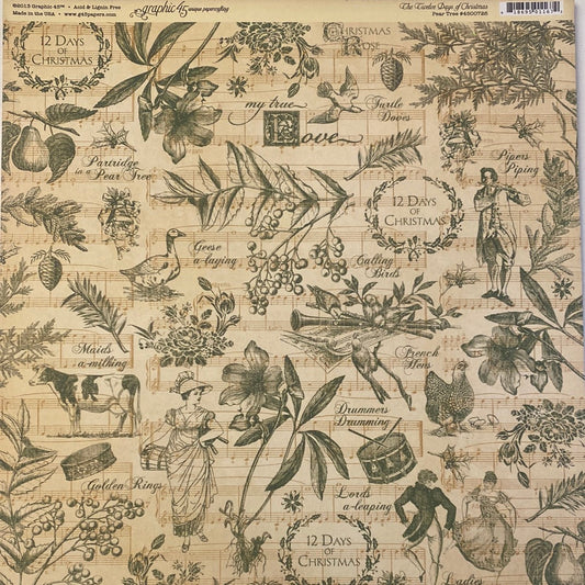 Lámina Graphic 45 Doble 30x30cm Scrapbooking USA - The Twelve days of Christmas Collection