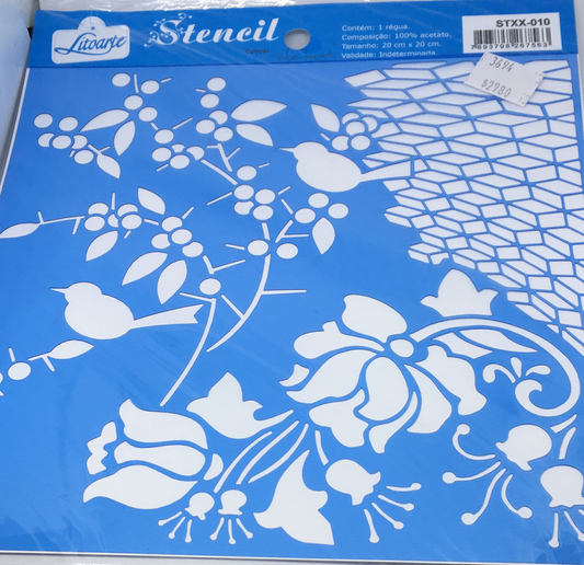 STENCIL LITOARTE 20 x 20 FLORES PÁJAROS REJA