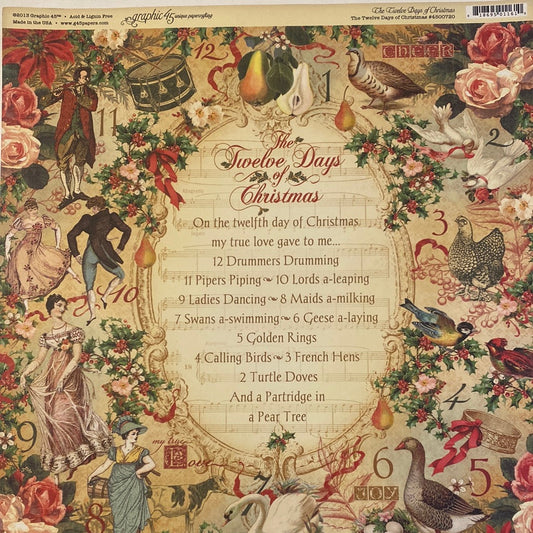 Lámina Graphic 45 Doble 30x30cm Scrapbooking USA - The Twelve days of Christmas Collection