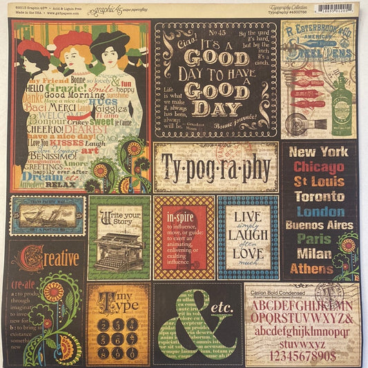 Lámina Graphic 45 Doble 30x30cm Scrapbooking USA - Typography Collection