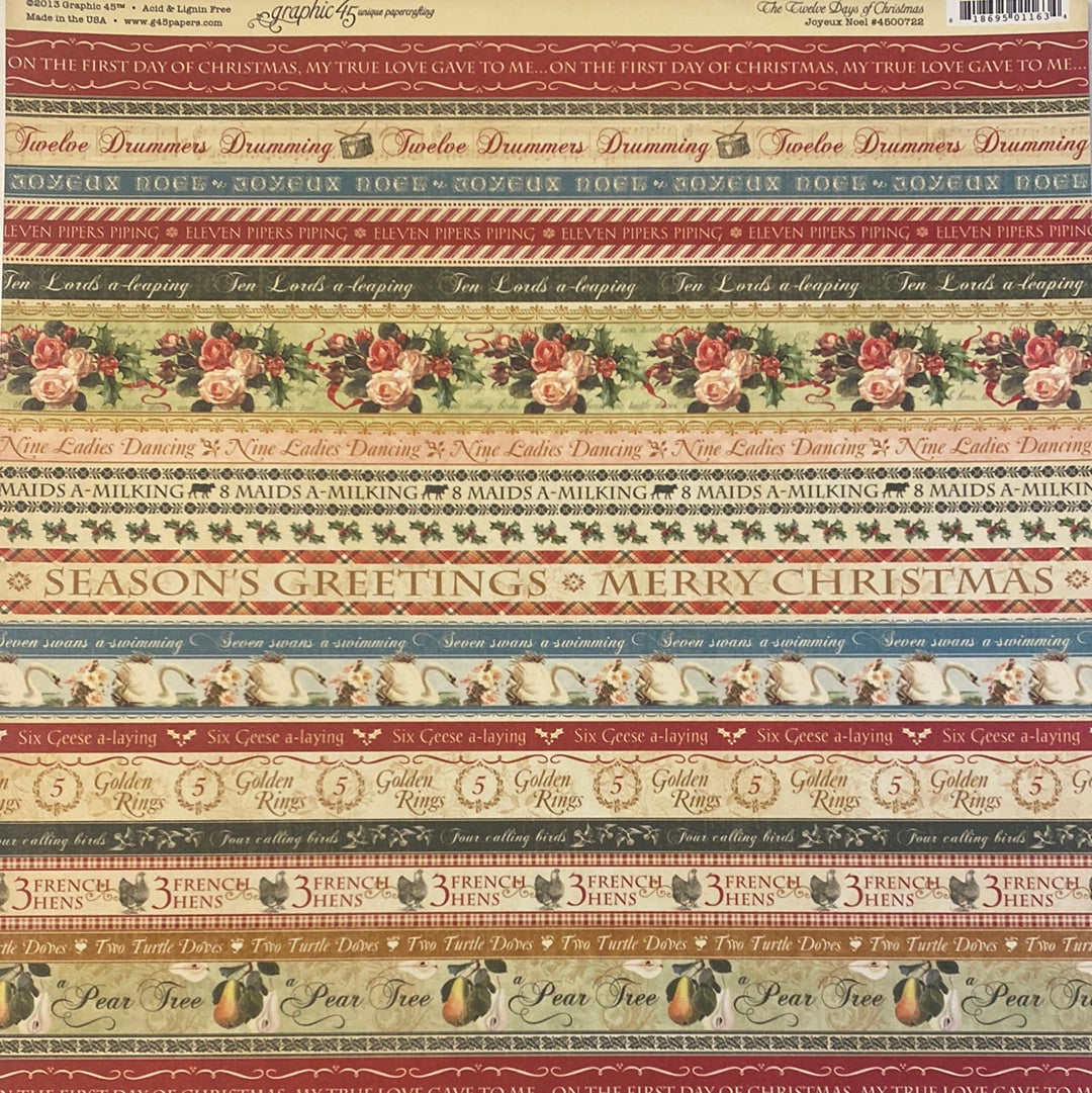 Lámina Graphic 45 Doble 30x30cm Scrapbooking USA - The Twelve days of Christmas Collection