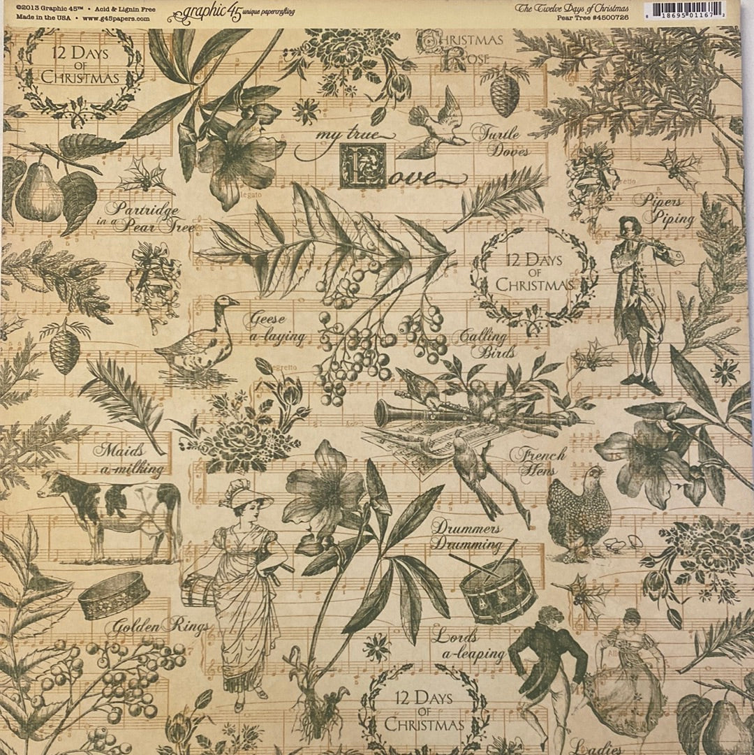 Lámina Graphic 45 Doble 30x30cm Scrapbooking USA - The Twelve days of Christmas Collection