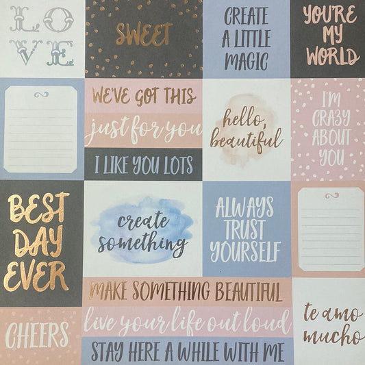 LAMINA DOBLE DECOSCRAPP-DECOUPAGE 30 x30 -VARIAS CON APLICACIONES GLITER-DORADO LETRA FRASE